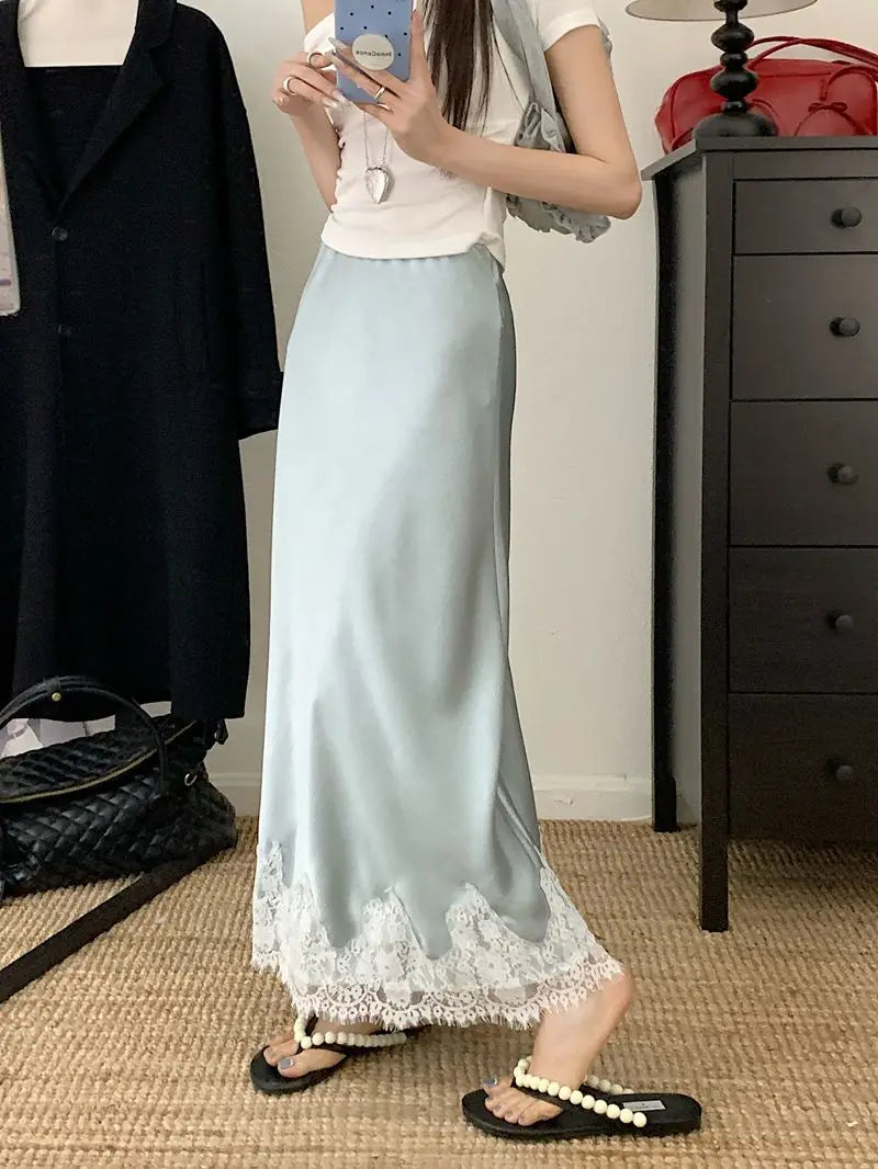 Falda Satén Mujer Larga Elegante - Falda Línea A Encaje Cintura Alta Verano