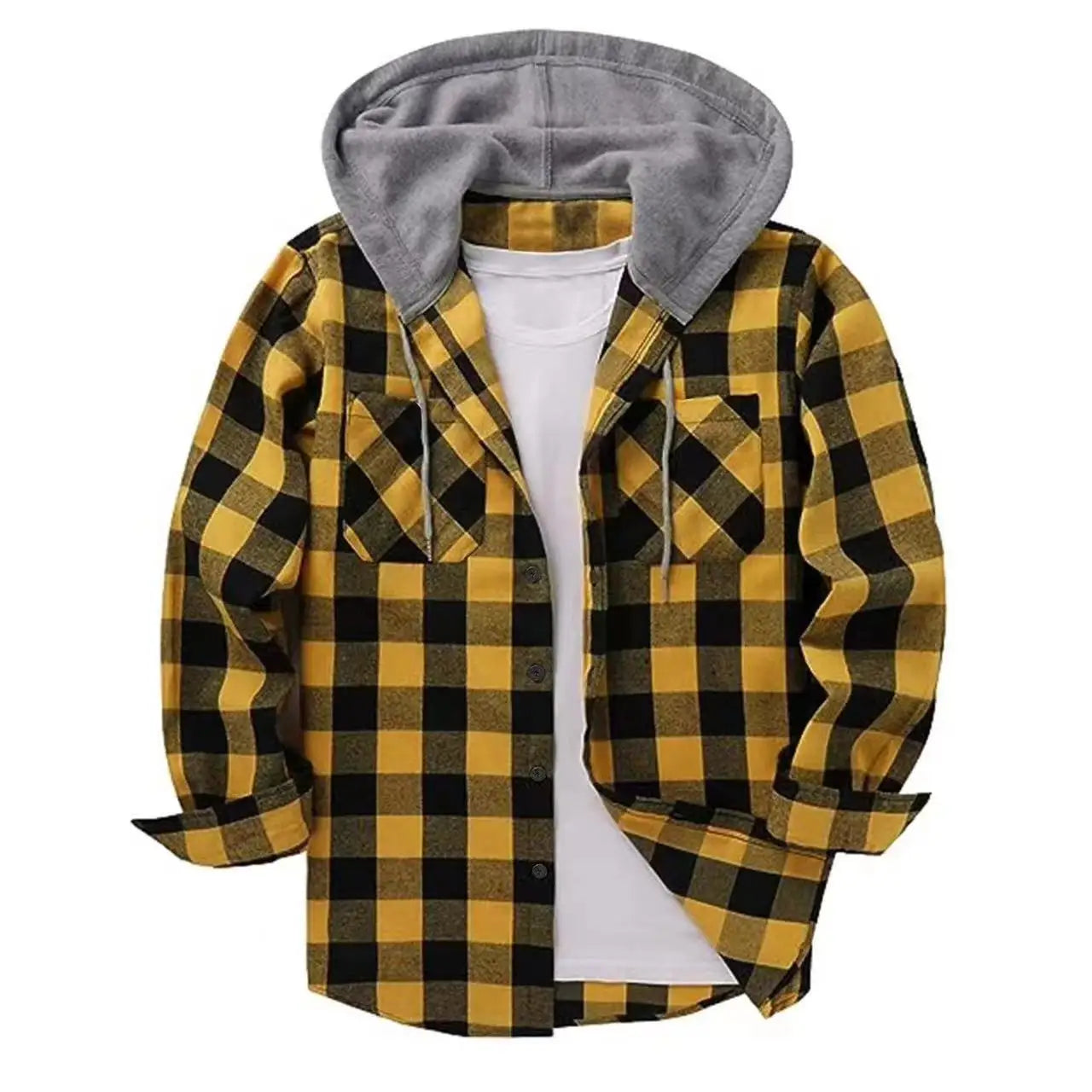 Camisa Hombre Franela Cuadros Capucha - Primavera Otoño Clásica Casual Botones Manga Larga Doble Bolsillos Hoodie Unisex