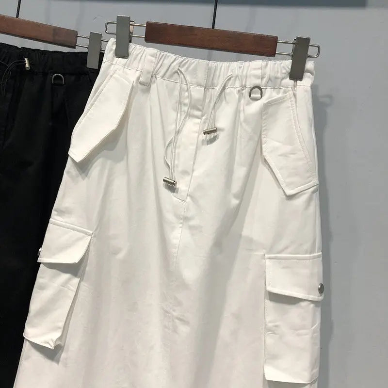 Falda Cargo Mujer Y2K Larga - Falda Bolsillos Cintura Elástica Negra