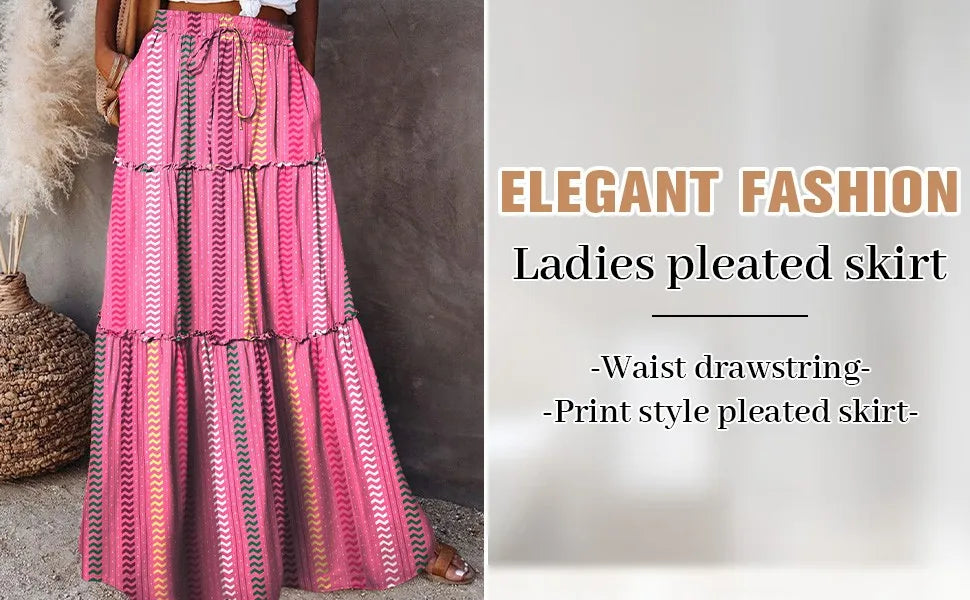 Falda Bohemia Mujer Larga Estampada - Falda Cintura Elástica Bolsillos Primavera