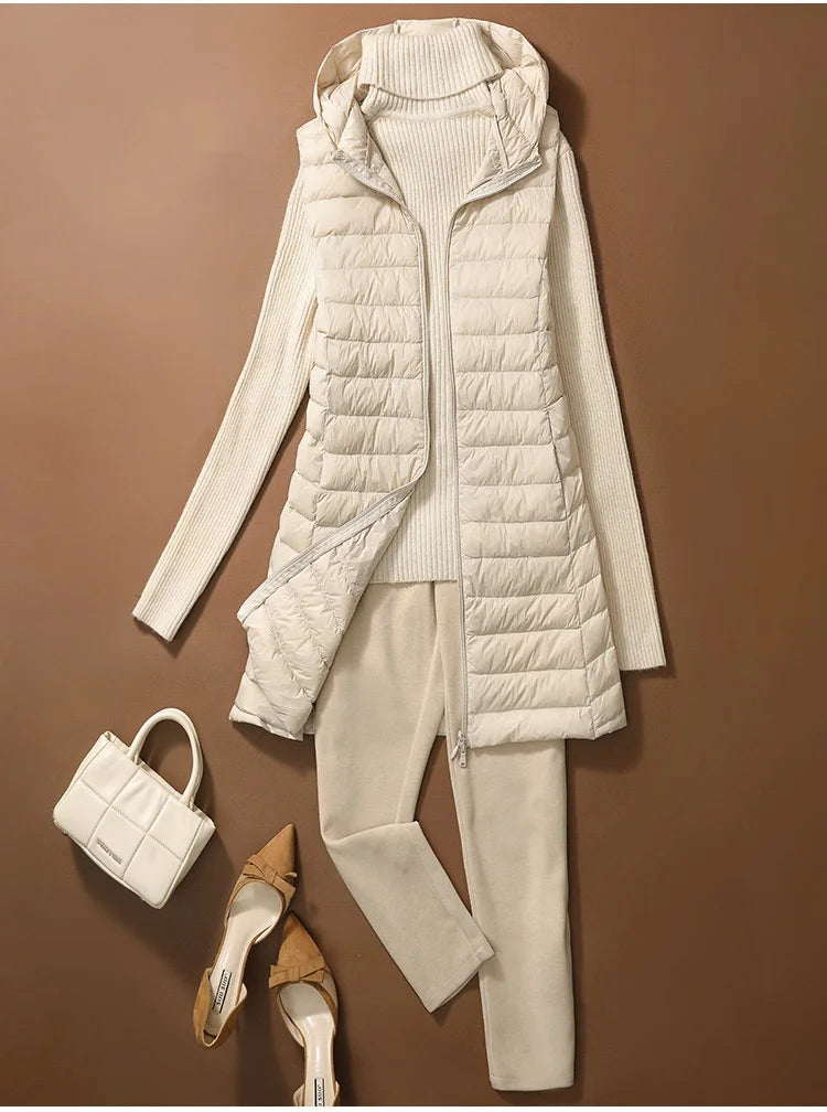 Chaleco Mujer Plumas Pato Ligero - Chaqueta Larga Capucha Slim Otoño