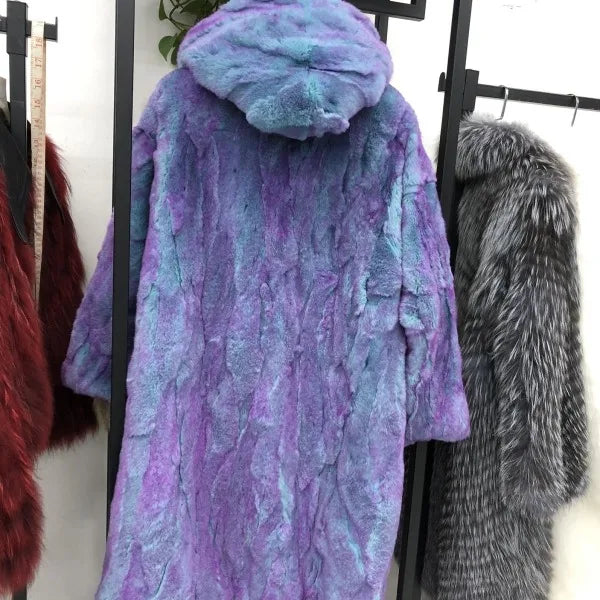 Abrigo Piel Conejo Mujer Capucha - Abrigo Real 110cm Largo Invierno