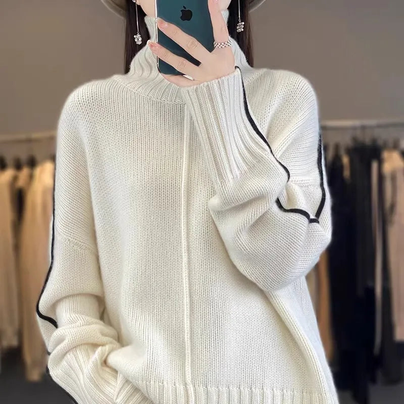 Jersey Mujer Cashmere 100% Cuello Alto - Holgado Grueso Invierno Lujo