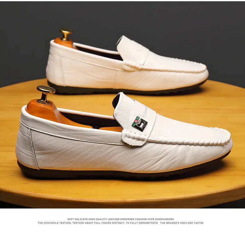 Mocasines Hombre Blancos Cuero - Vestir Casual Slip-On Primavera Otoño Designer