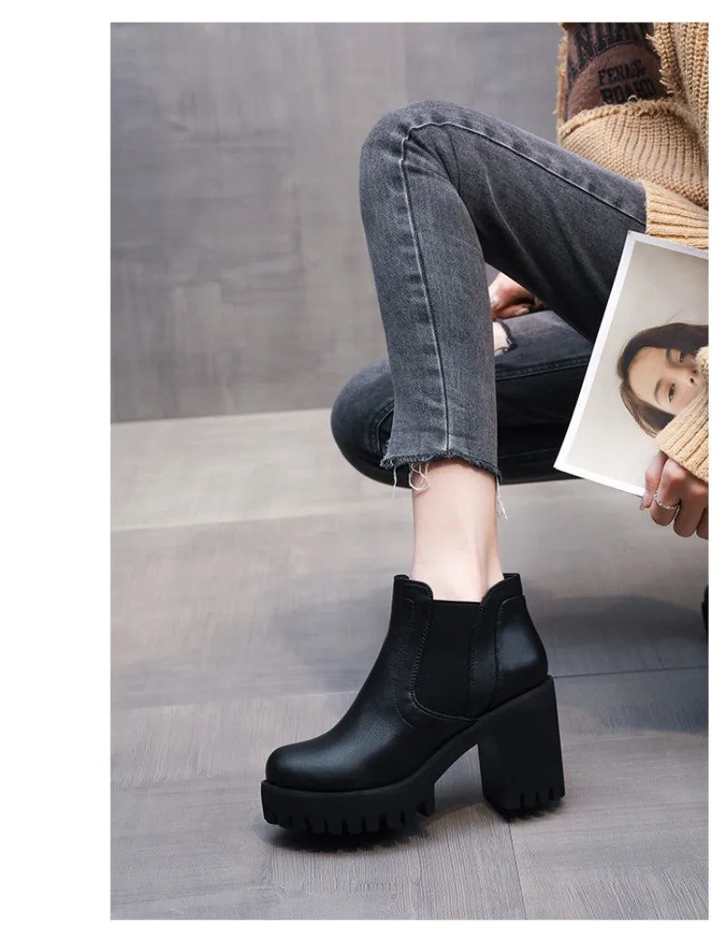 Botas Mujer Alta Calidad Casual - Suela Gruesa Tacón Alto Negro Trabajo