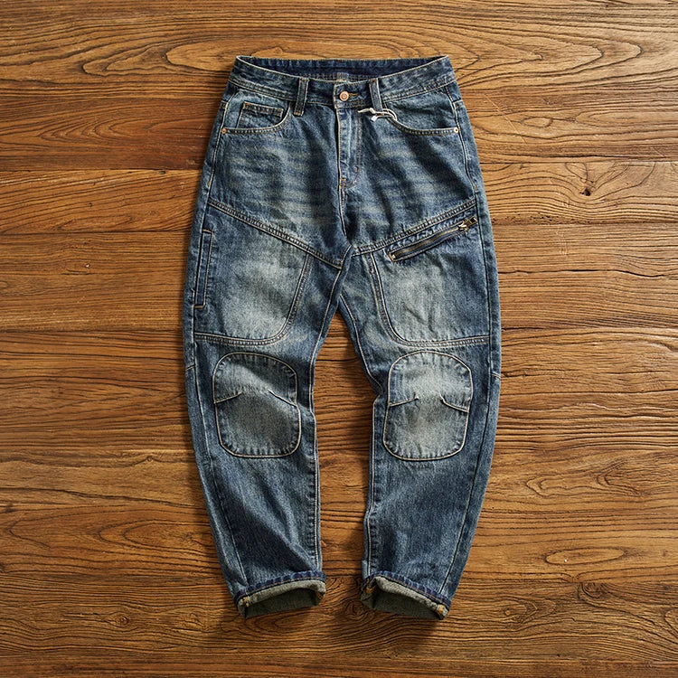 Vaqueros Moto Vintage Americanos - Jeans Cargo Parches Pesados Estilo Retro