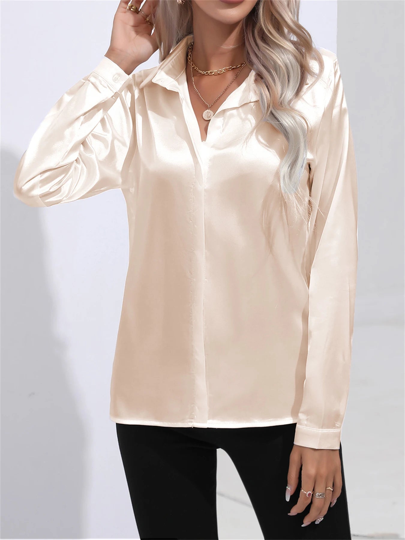 Camisa Satén Mujer Oficina - Blusa Cuello Botón Manga Larga