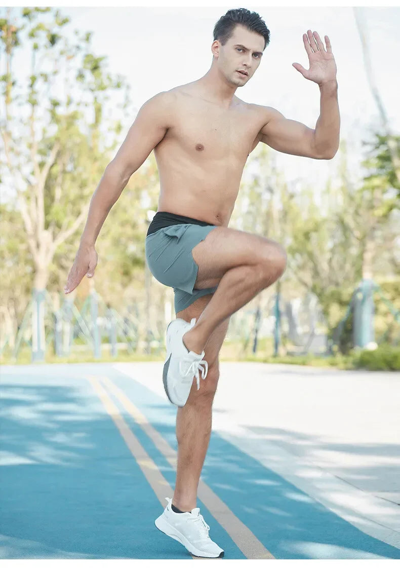 Shorts Running Hombre 2 en 1 Marathon - Pantalones Secado Rápido Multi-Bolsillos Riñonera