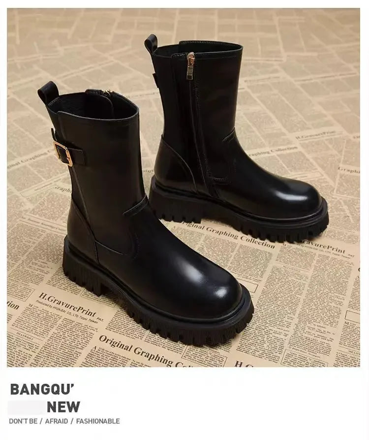 Botines Mujer 2025 Suela Gruesa - Color Sólido Punta Redonda Casual