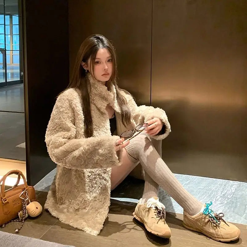 Chaqueta Piel Cordero Mujer Eco - Chaqueta Cuello Alto Coreana Invierno 2025