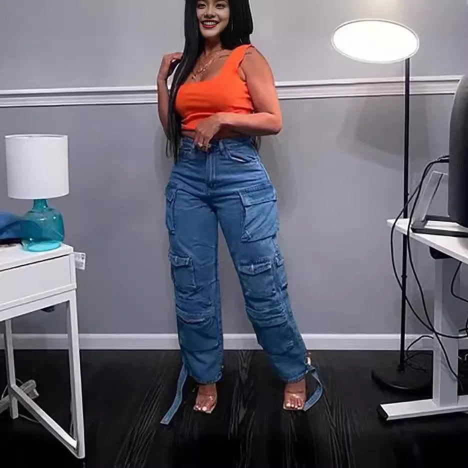 Jeans Cargo Mujer Europeos - Pantalón Multibolsillos Primavera