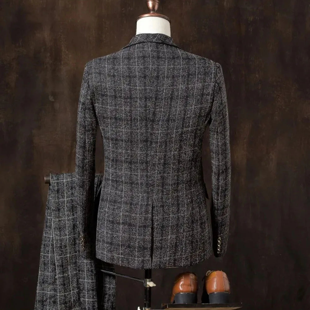 Traje Hombre Formal Novio 3 Piezas - Blazer Chaleco Pantalones Suit Fashion Business Boda Cuadros Algodón Lino