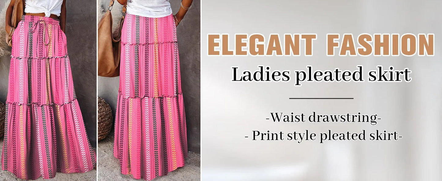 Falda Bohemia Mujer Larga Estampada - Falda Cintura Elástica Bolsillos Primavera