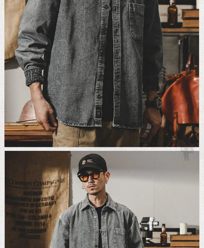 Camisa Denim Hombre Retro Trabajo - Casual Chaqueta Primavera Otoño Azul Manga Larga