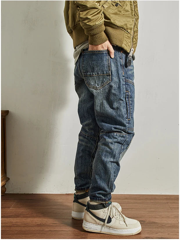 Vaqueros Moto Vintage Americanos - Jeans Cargo Parches Pesados Estilo Retro