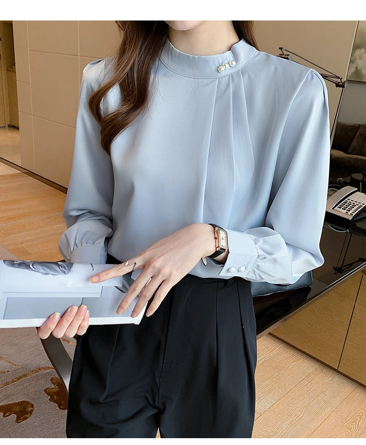 Blusa Satén Mujer Pedrería - Camisa Oficina Primavera Otoño 2025