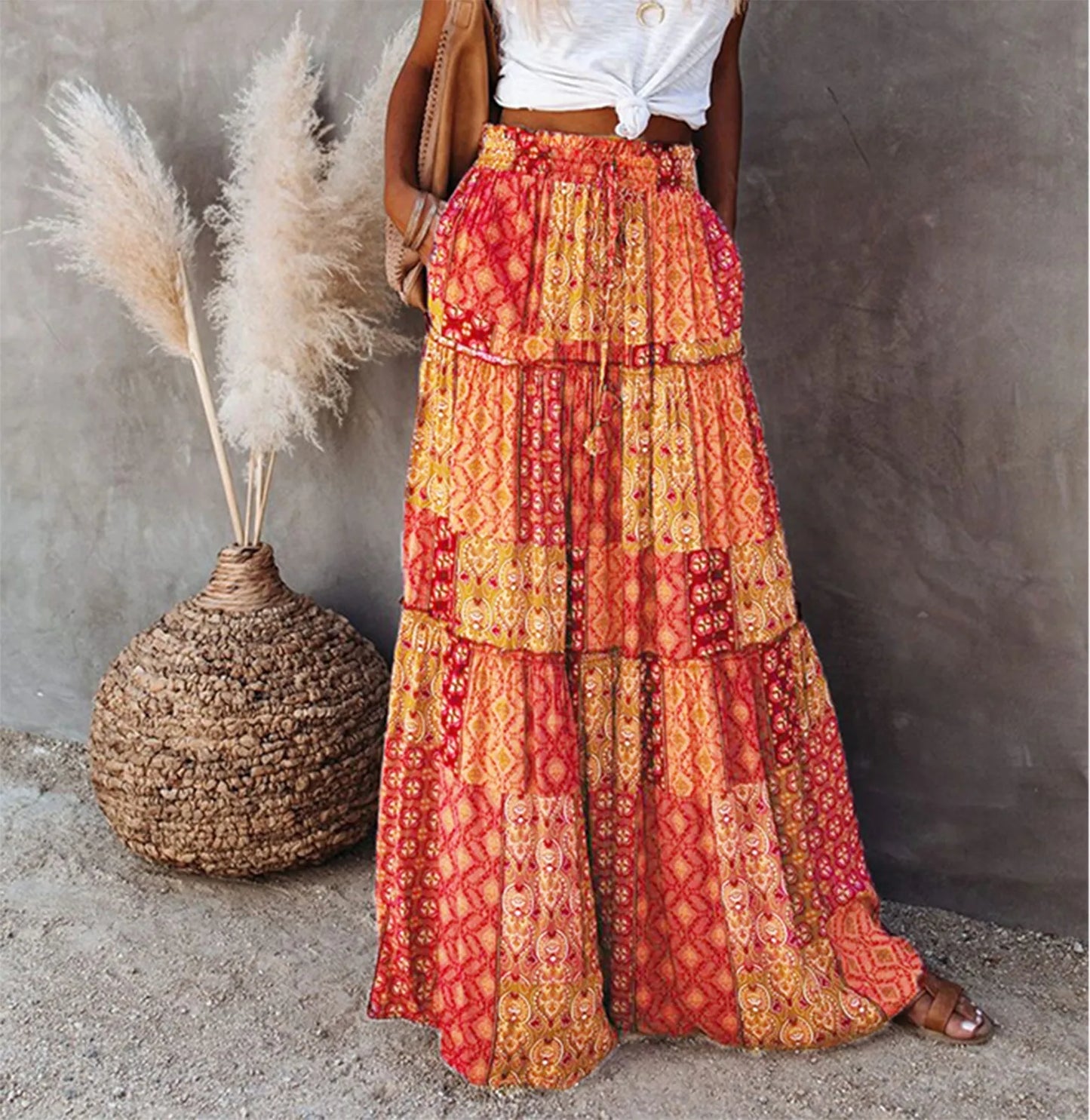 Falda Bohemia Mujer Larga Estampada - Falda Cintura Elástica Bolsillos Primavera