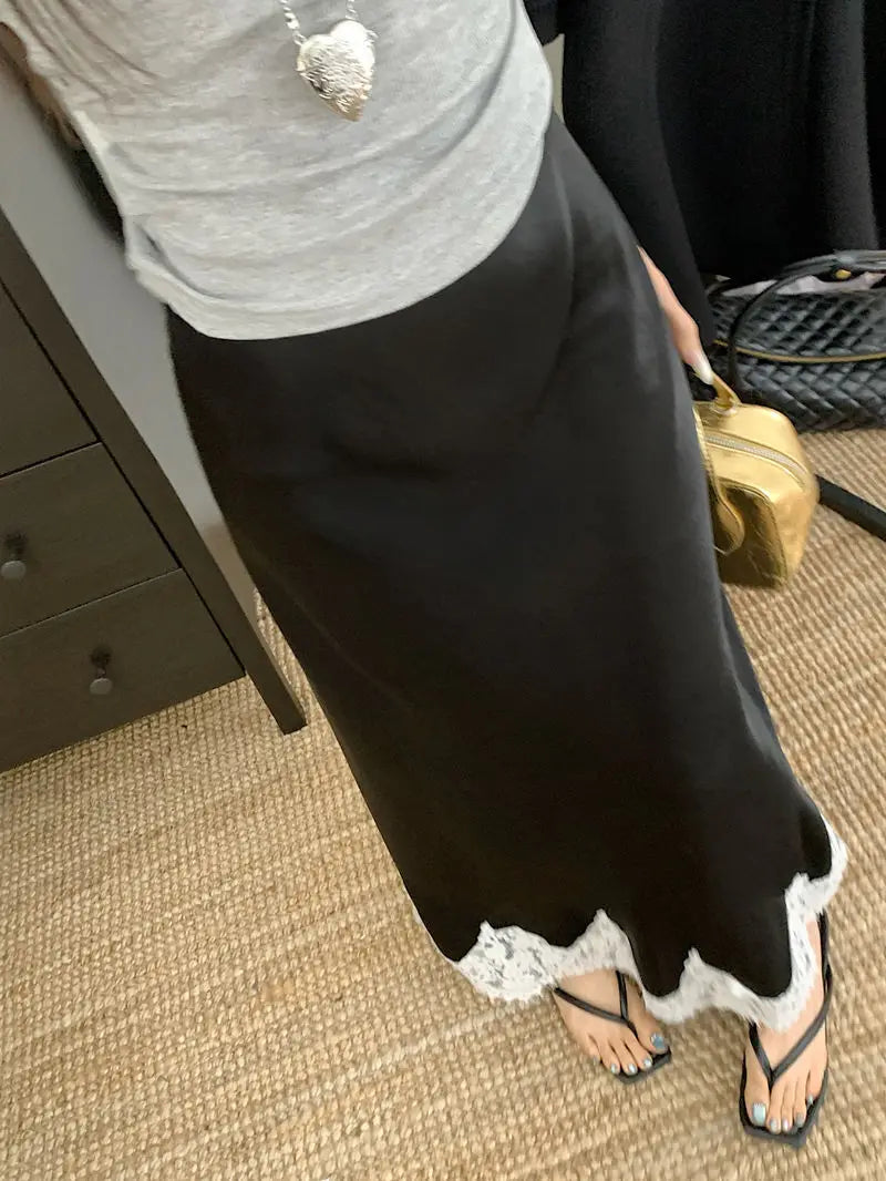Falda Satén Mujer Larga Elegante - Falda Línea A Encaje Cintura Alta Verano