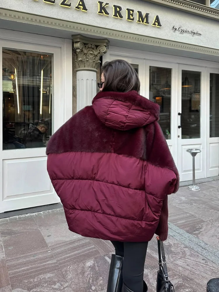 Abrigo Mujer Capucha Patchwork - Abrigo Manga Tejida Oversize 2025