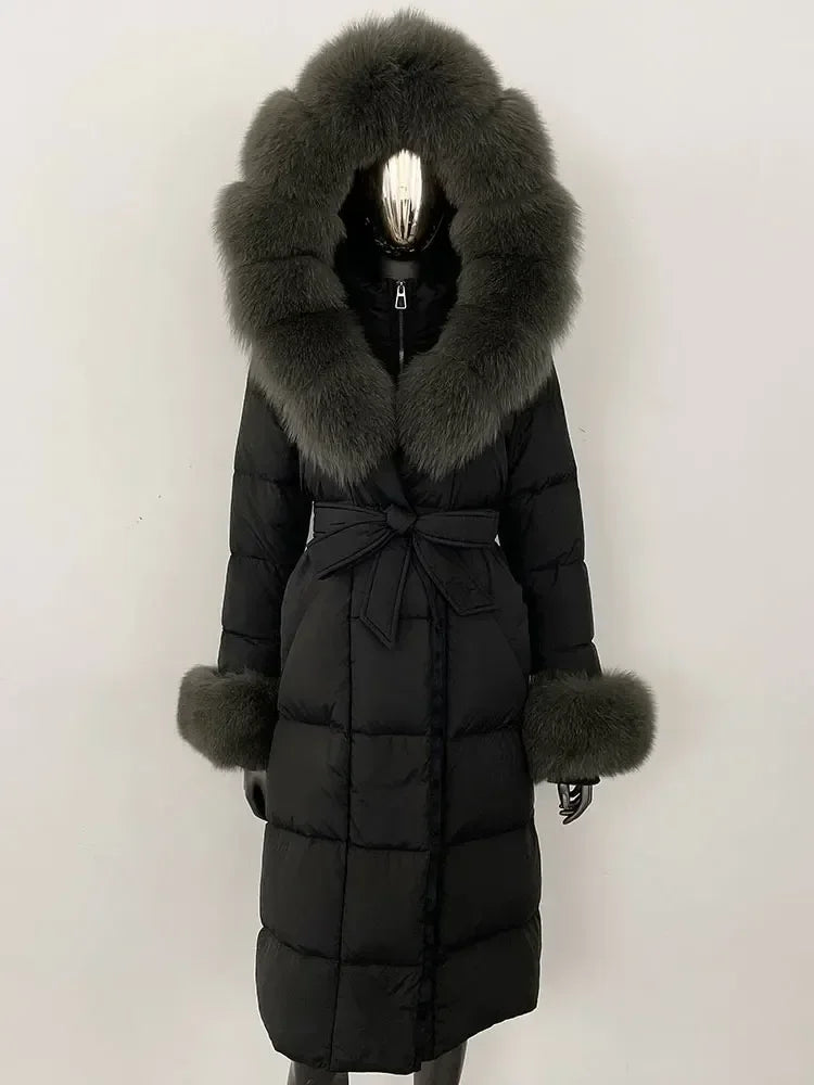 Abrigo Mujer Plumas Pato Piel Mapache - Chaqueta Larga Invierno Lujo