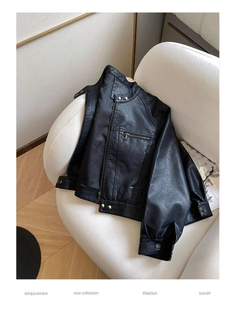 Chaqueta Cuero PU Americana - Chaqueta Locomotora Cuello Alto 2025