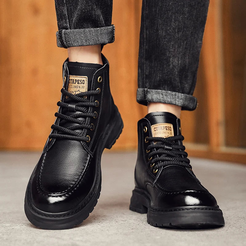 Botas Hombre Motocicleta Outdoor - Botines Casual Plataforma Cordones Marrón Negro