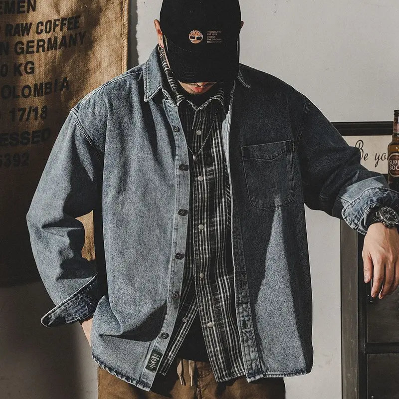 Camisa Denim Hombre Retro Trabajo - Casual Chaqueta Primavera Otoño Azul Manga Larga