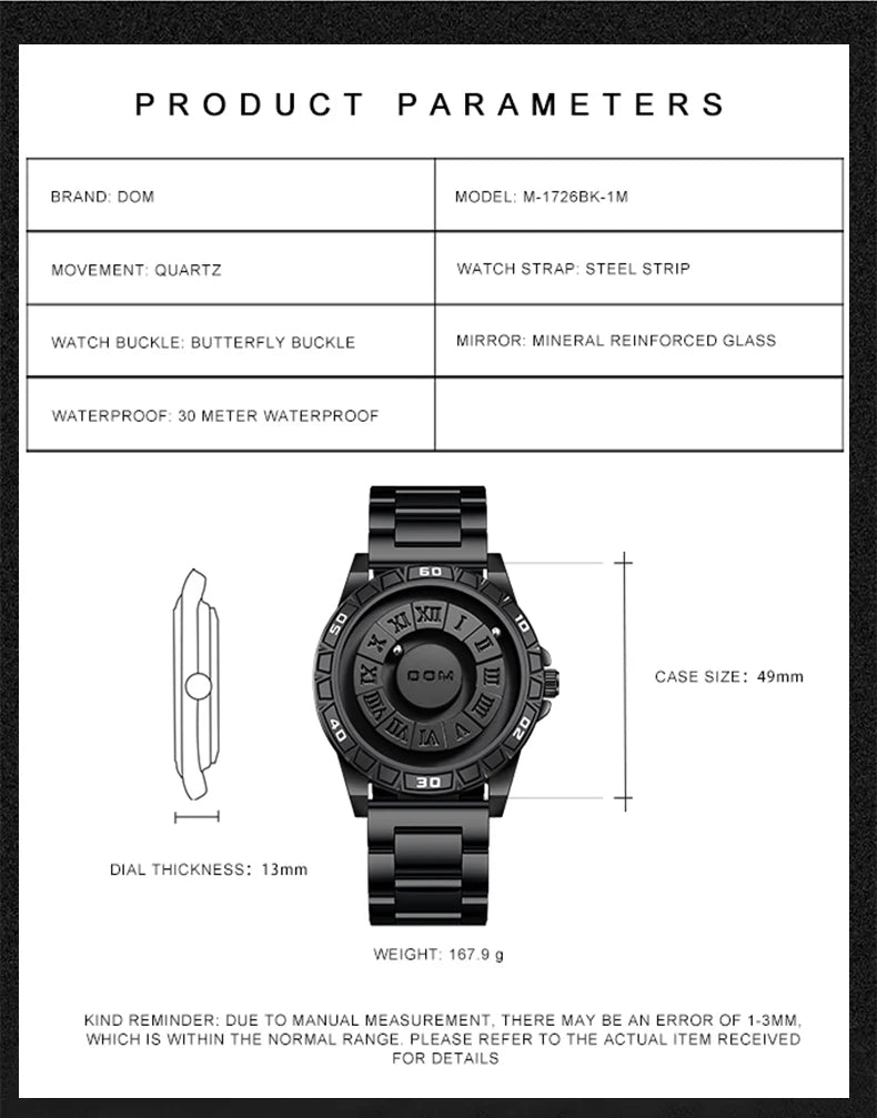 Reloj DOM 1726 Diseño Magnético - Bola Giratoria Cuarzo Romano Resistente al Agua