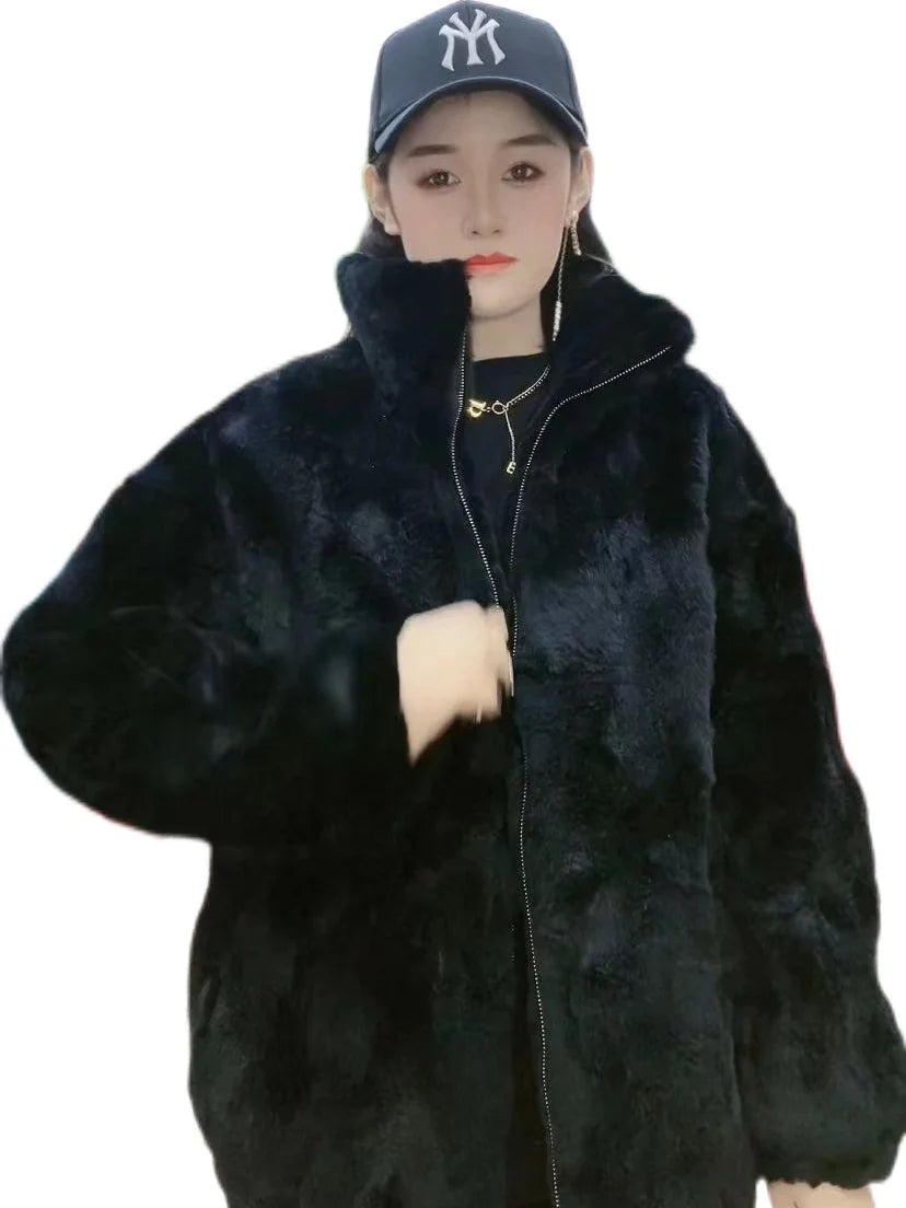 Abrigo Piel Conejo Rex Mujer - Abrigo Largo Holgado Cremallera Invierno