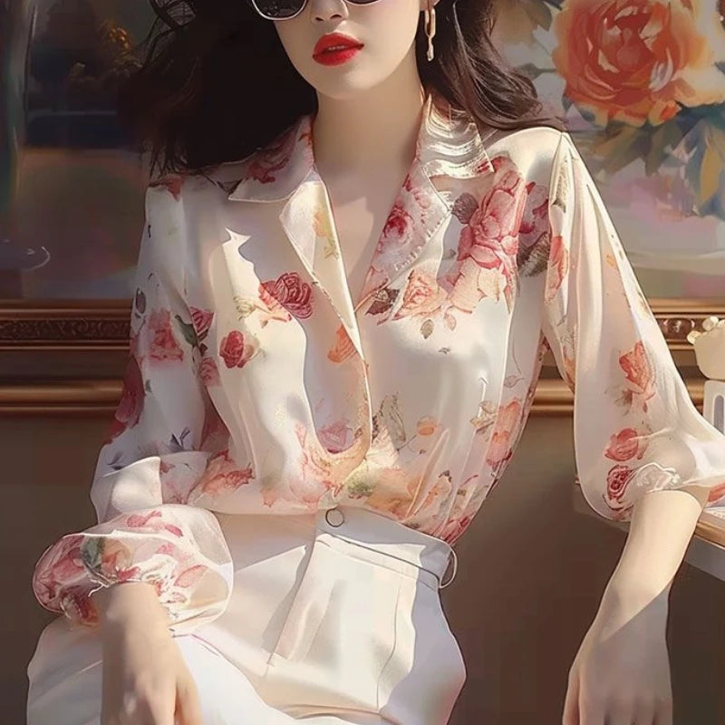 Blusa Mujer Verano Retro 2024 - Camisa Holgada Botones Cuello Alto