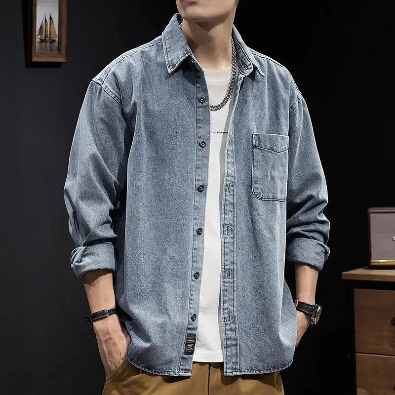 Camisa Denim Hombre Retro Trabajo - Casual Chaqueta Primavera Otoño Azul Manga Larga