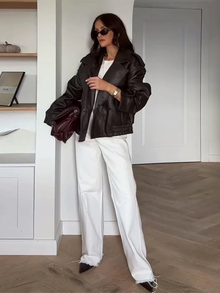 Chaqueta Mujer Elegante PU Piel - Chaqueta Solapa Doble Botón 2025