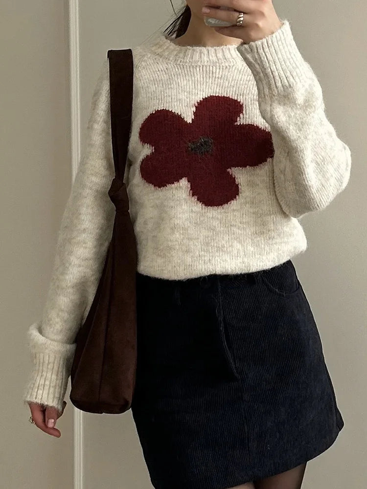 Jersey Mujer Invierno Flores Gris - Punto Holgado Cálido Vintage