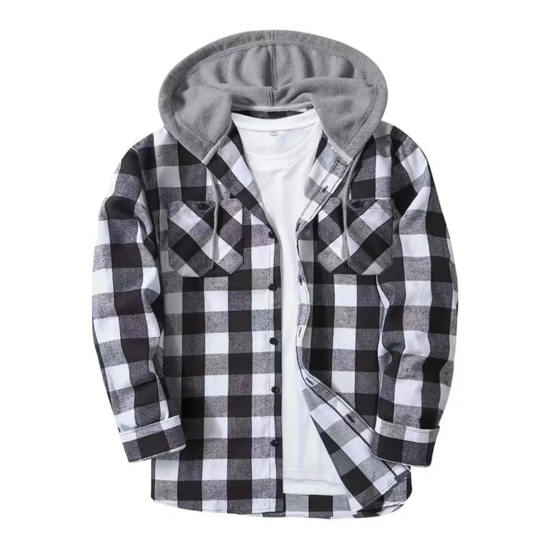 Camisa Hombre Franela Cuadros Capucha - Primavera Otoño Clásica Casual Botones Manga Larga Doble Bolsillos Hoodie Unisex