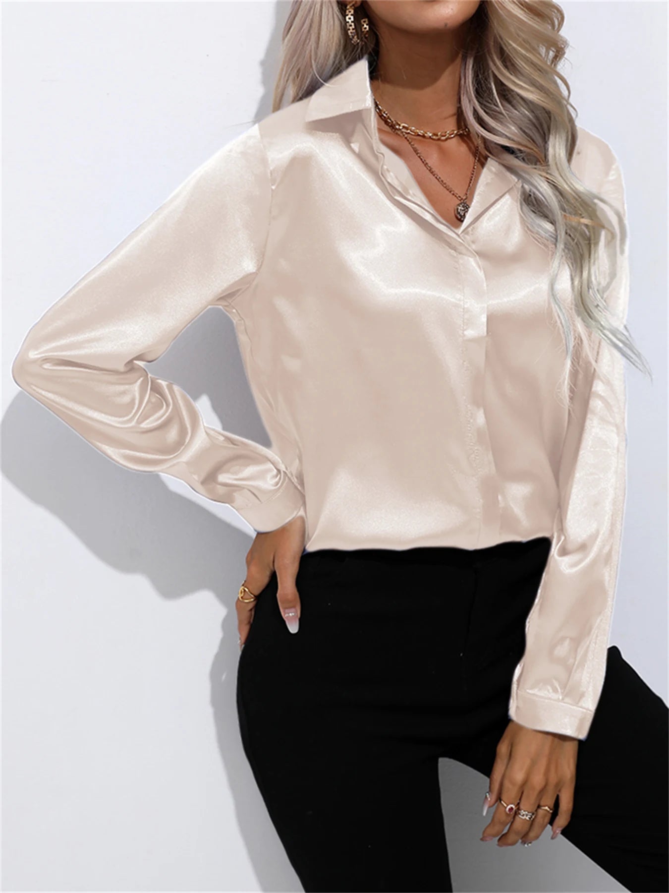 Camisa Satén Mujer Oficina - Blusa Cuello Botón Manga Larga