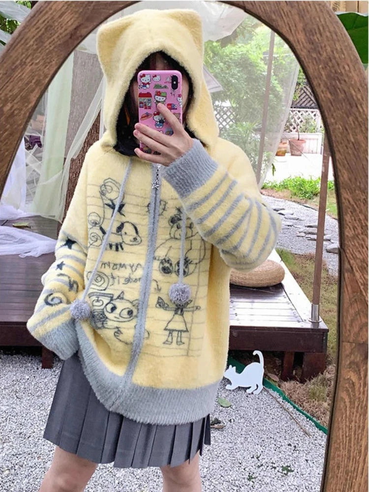 Cárdigan Mujer Vintage Graffiti Capucha - Oversized Invierno Punto Kawaii