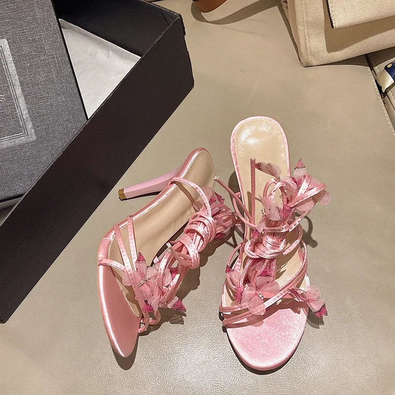 Sandalias Tacón Mujer Rosa - Zapatos Correa Tobillo Mariposa Floral Fiesta
