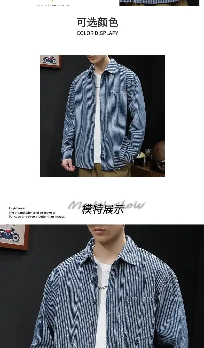 Camisa Denim Hombre Retro Trabajo - Casual Chaqueta Primavera Otoño Azul Manga Larga