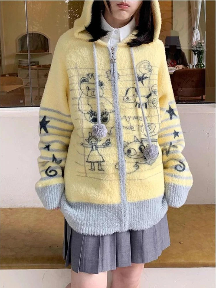 Cárdigan Mujer Vintage Graffiti Capucha - Oversized Invierno Punto Kawaii