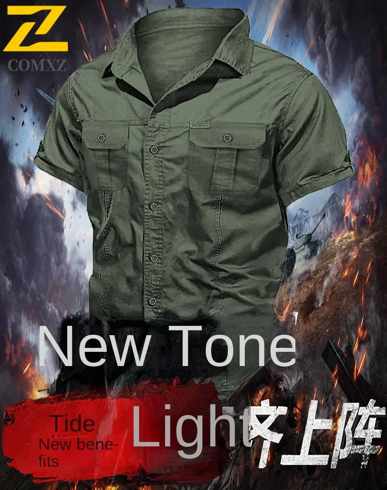 Camisa Hombre Trabajo Cargo 2025 - 100% Algodón Manga Corta Multi-Bolsillos Pesca Caza Verano