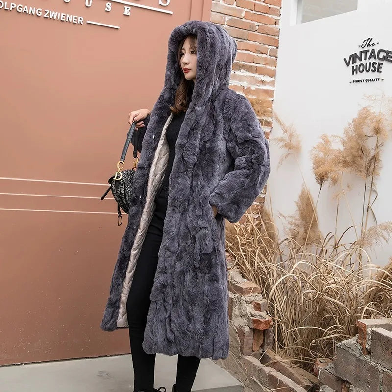 Abrigo Piel Conejo Mujer Capucha - Abrigo Real 110cm Largo Invierno