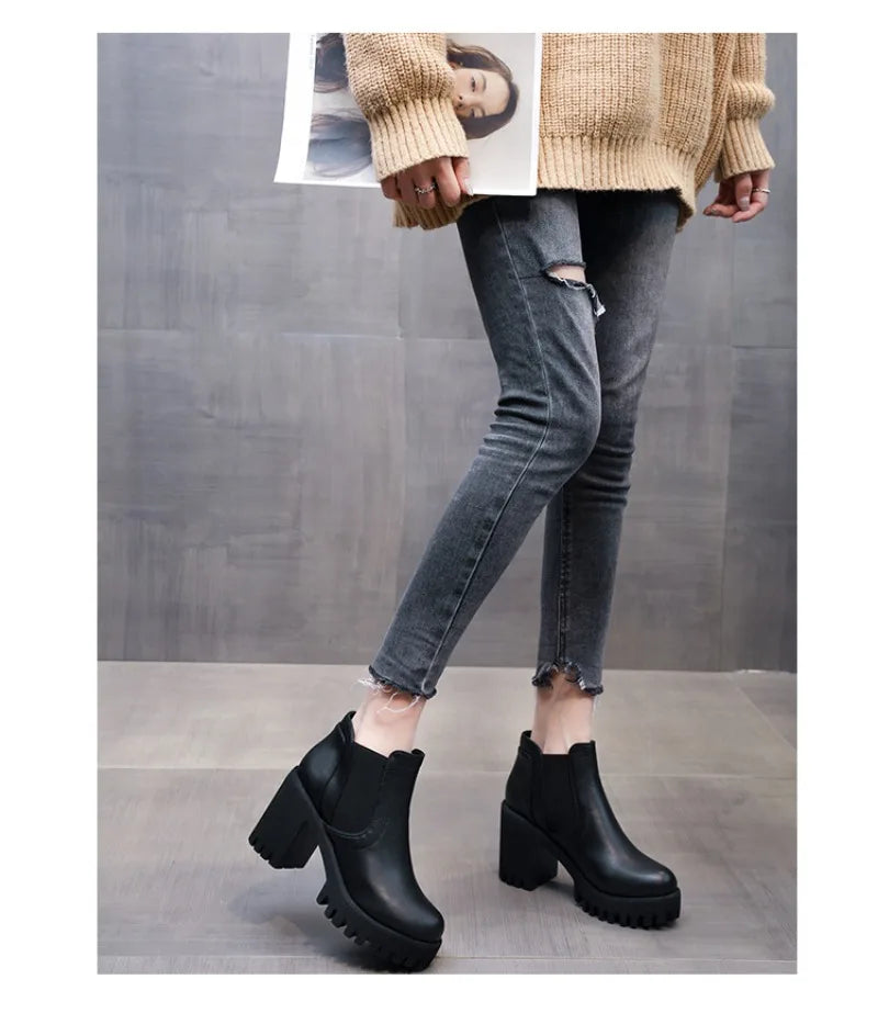 Botas Mujer Alta Calidad Casual - Suela Gruesa Tacón Alto Negro Trabajo