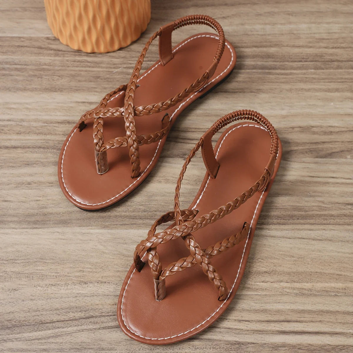 Sandalias Playa Mujer Tejidas Verano 2024 - Zapatos Planos Hollow Clip Toe