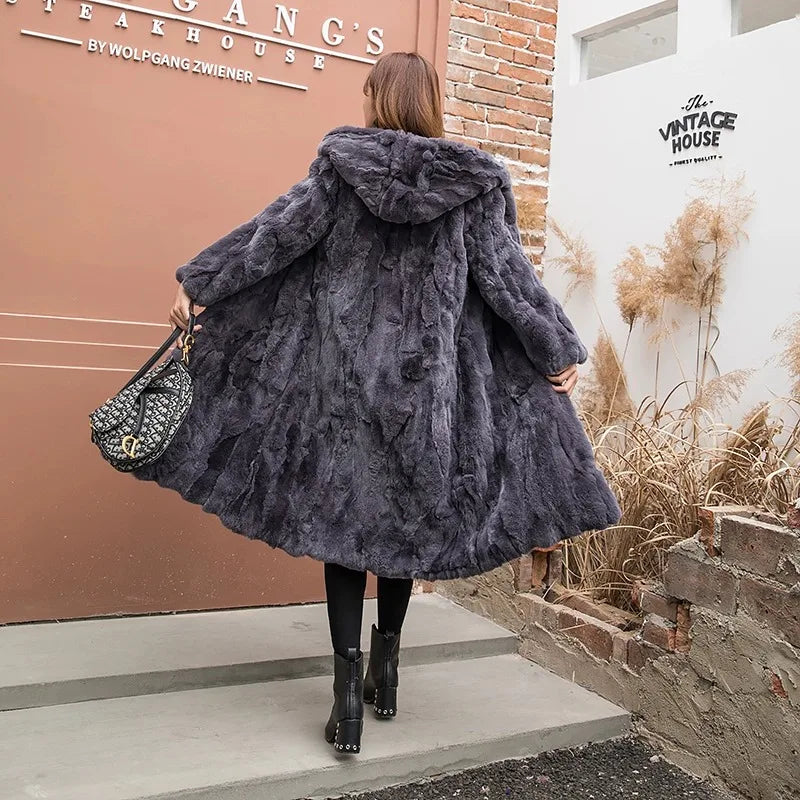 Abrigo Piel Conejo Mujer Capucha - Abrigo Real 110cm Largo Invierno