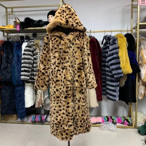 Abrigo Piel Conejo Mujer Capucha - Abrigo Real 110cm Largo Invierno