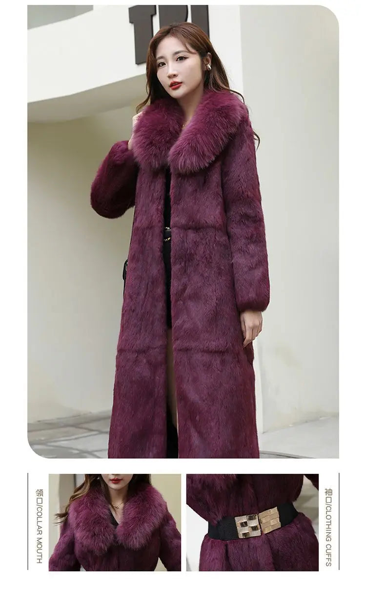 Abrigo Piel Conejo Rex Mujer - Abrigo Largo Cuello Zorro Fashion Invierno