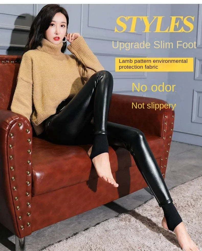 Leggings Mujer Forro Polar Invierno 2024 - Efecto Cuero Cintura Alta Térmicos