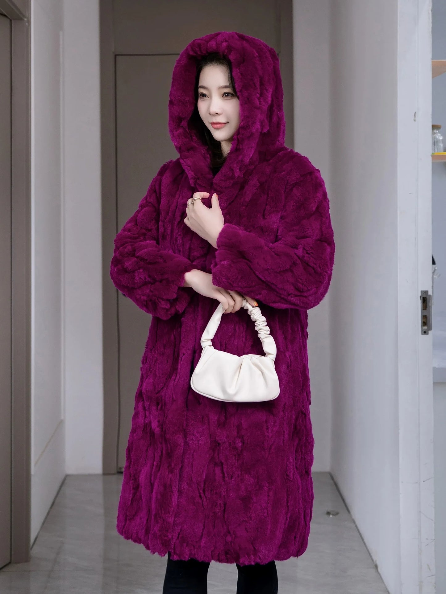 Abrigo Piel Conejo Mujer Capucha - Abrigo Real 110cm Largo Invierno