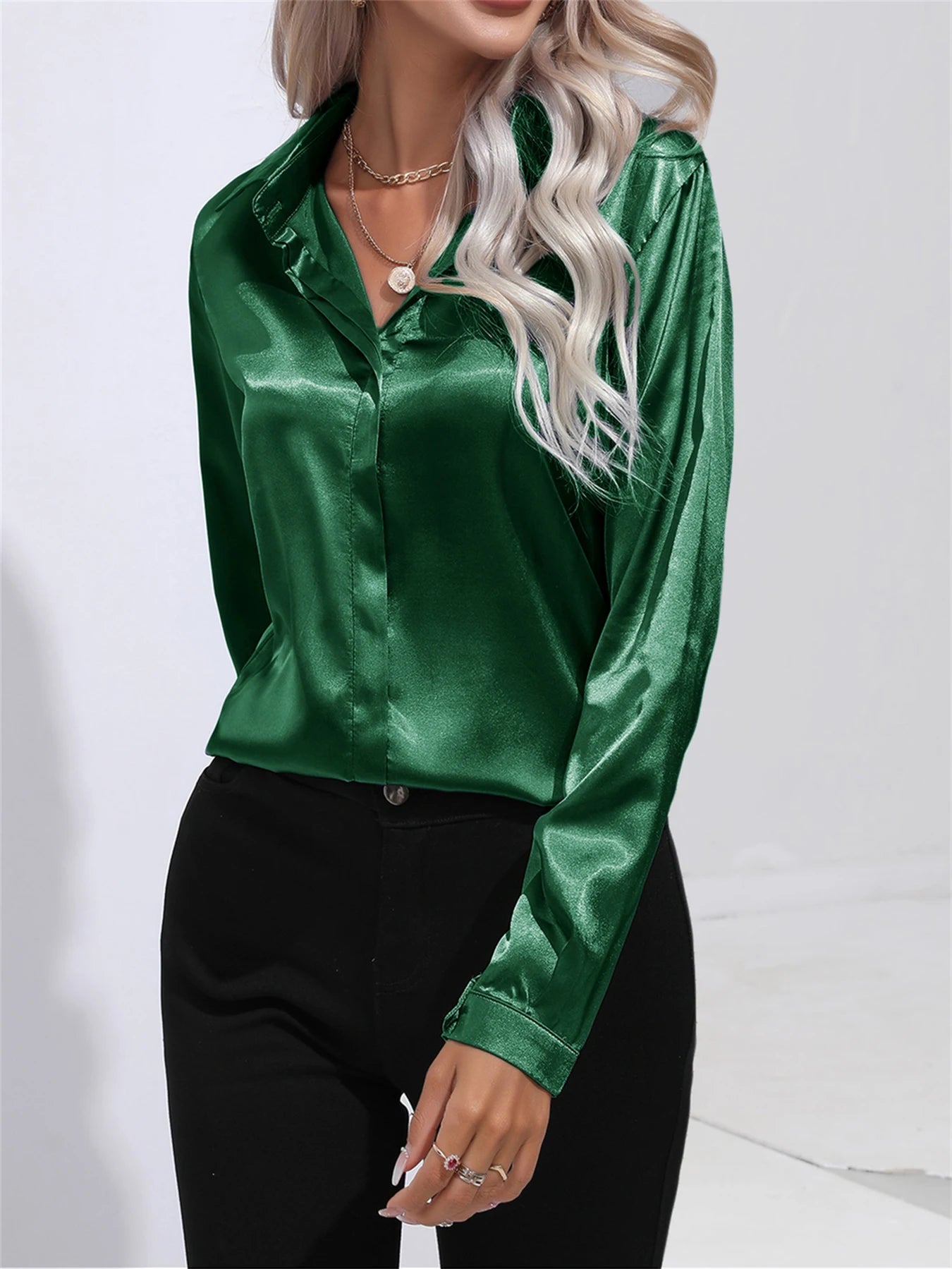 Camisa Satén Mujer Oficina - Blusa Cuello Botón Manga Larga