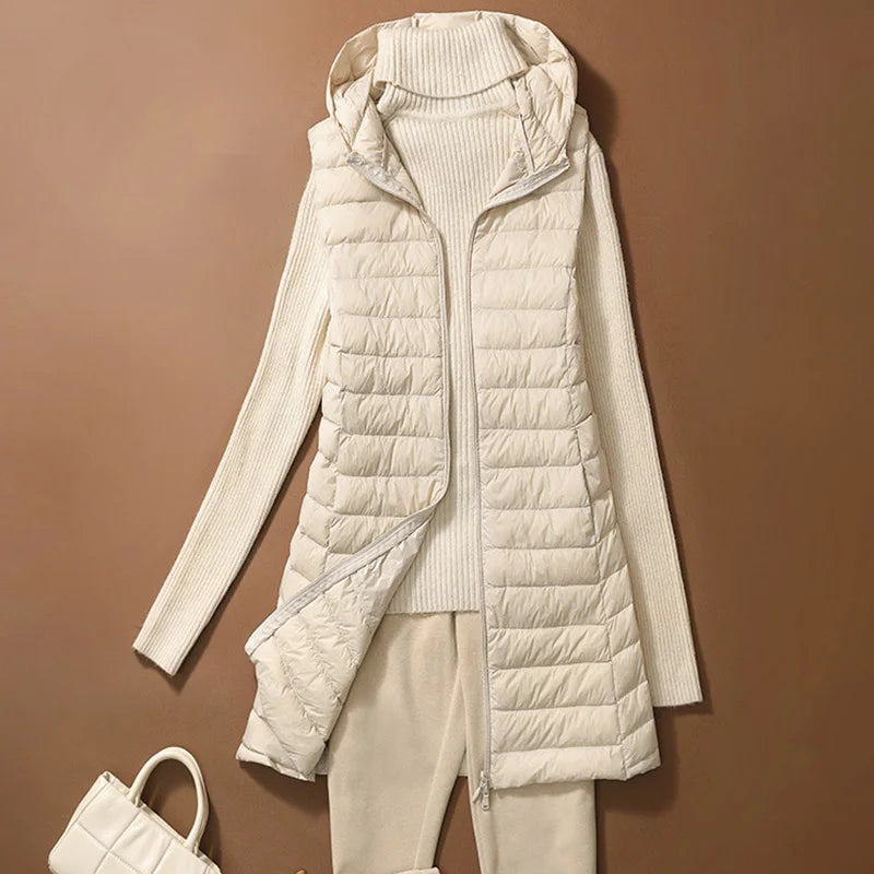 Chaleco Mujer Plumas Pato Ligero - Chaqueta Larga Capucha Slim Otoño